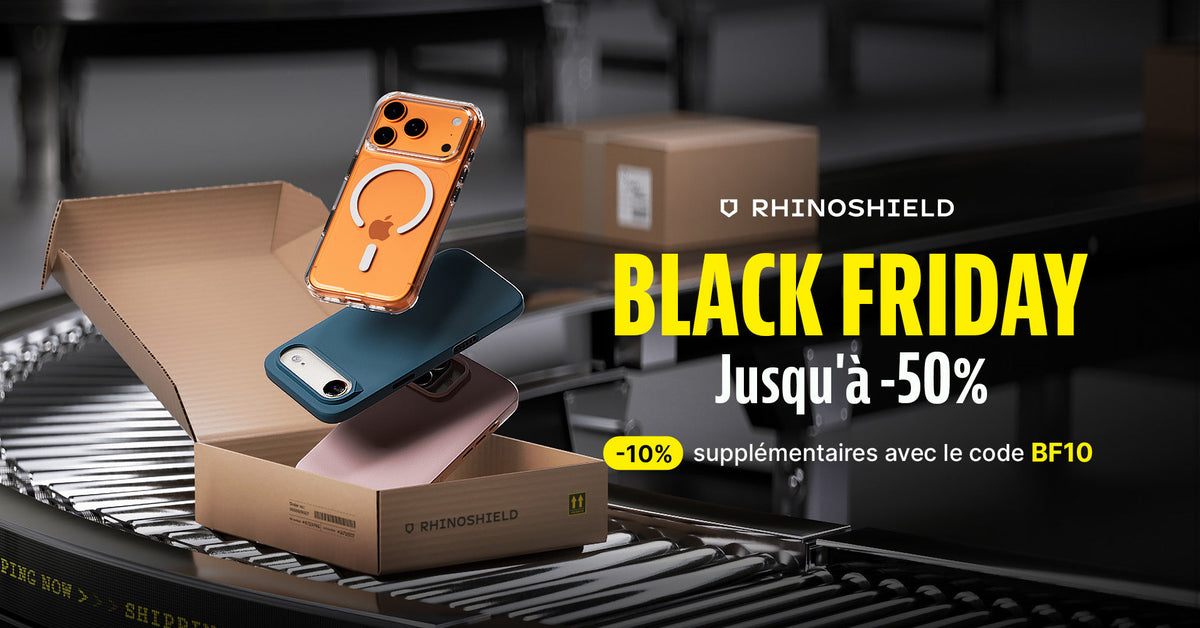 RHINOSHIELD Black Friday 2025 coques de téléphones dans une boîte en cours d'expédition