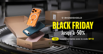 RHINOSHIELD Black Friday 2025 coques de téléphones dans une boîte en cours d'expédition